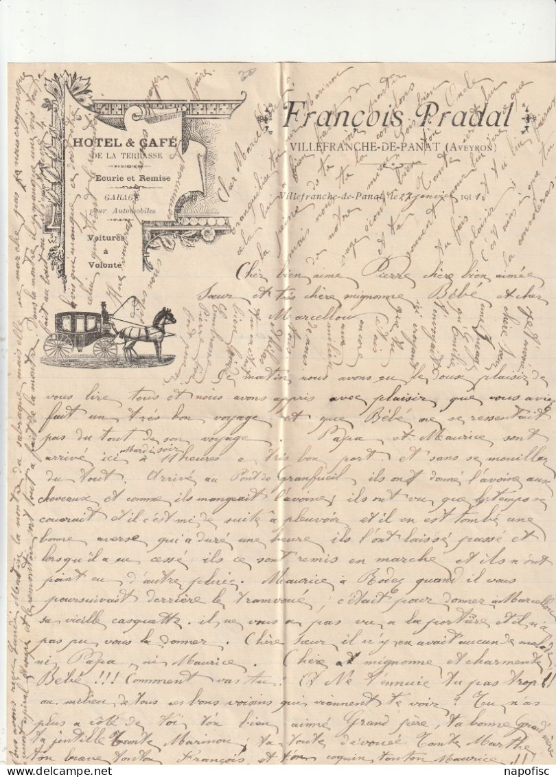 12-F.Pradal...Hôtel & Café De La Terrasse,  Ecurie & Remise.... Villefranche-de-Panat..(Aveyron)...1911 - Deportes & Turismo