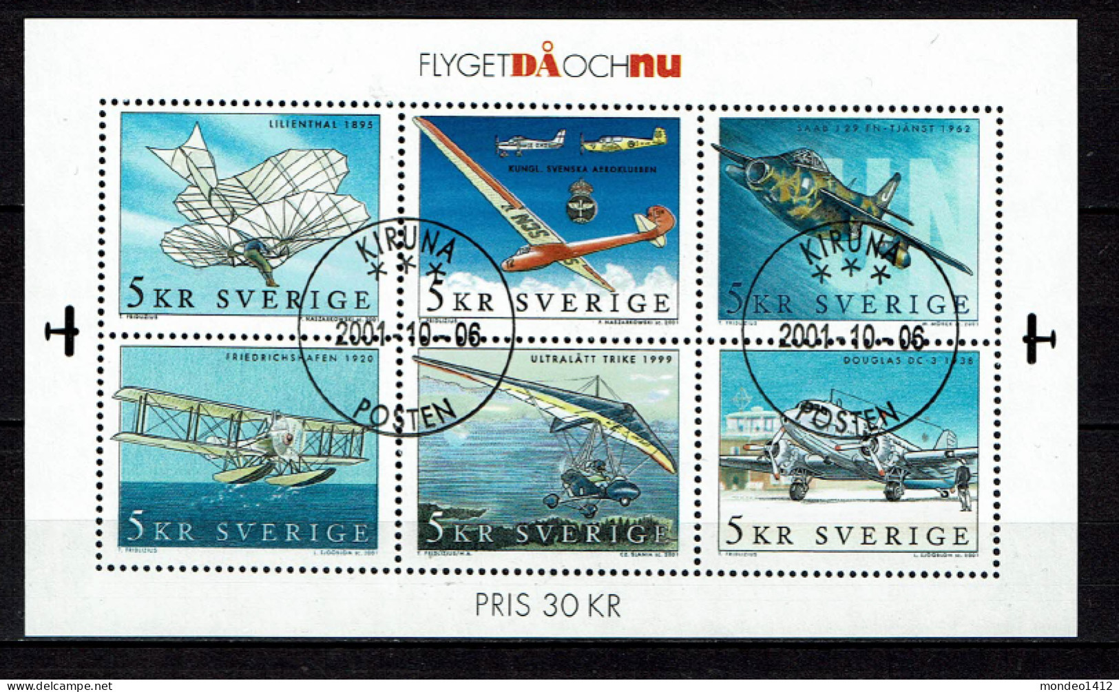 Sweden 2001 - History Of Aviation, Histoire De L'aviation - Used - Hojas Bloque