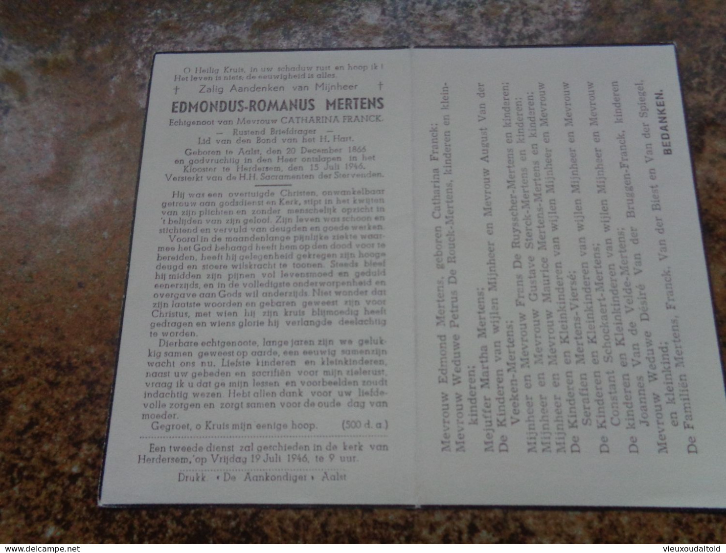 Doodsprentje/Bidprentje  EDMONDUS ROMANUS MERTENS  Aalst 1866-1946 Klooster Herdersem (Echtg C. FRANCK) - Autres & Non Classés