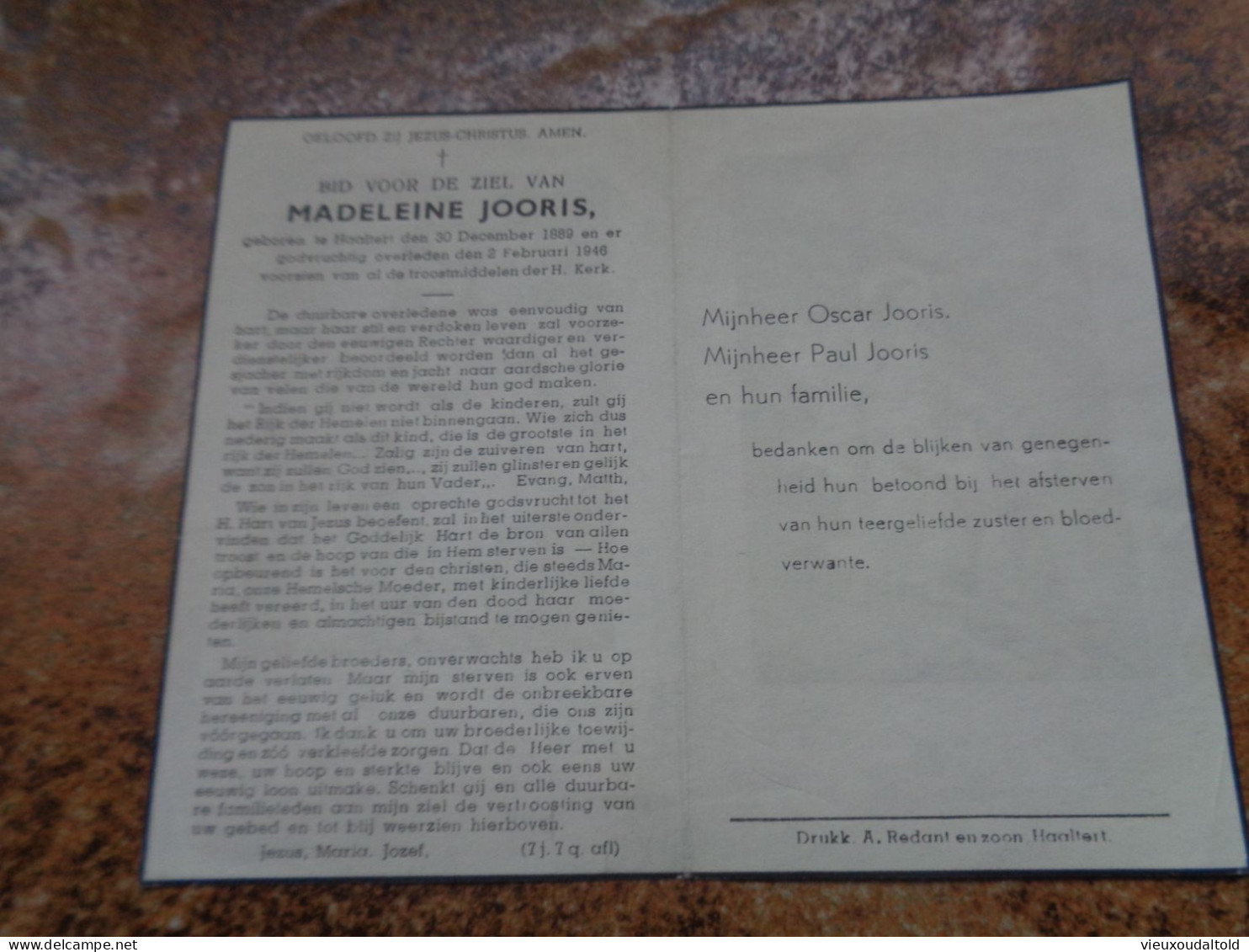 Doodsprentje/Bidprentje  MADELEINE JOORIS  Haaltert 1889-1946 - Autres & Non Classés