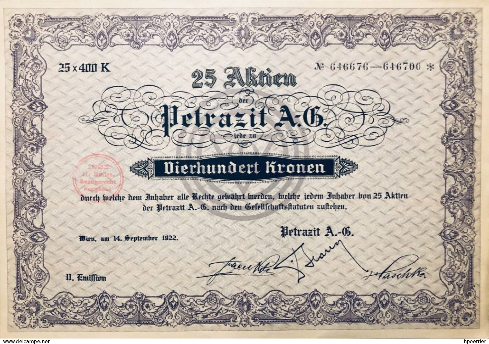 Vienne 1922: Vingt Cinq Actions: Petrazit AG 10.000 Couronnes - Altri & Non Classificati