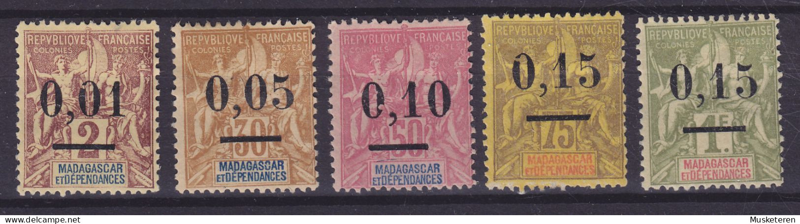 Madagascar 1902 Mi. 51-55 Kolonial-Allegorie Overprinted M. Aufdruck & 4x ERROR Variety In Overprint, MH* (7 Scans) - Unused Stamps