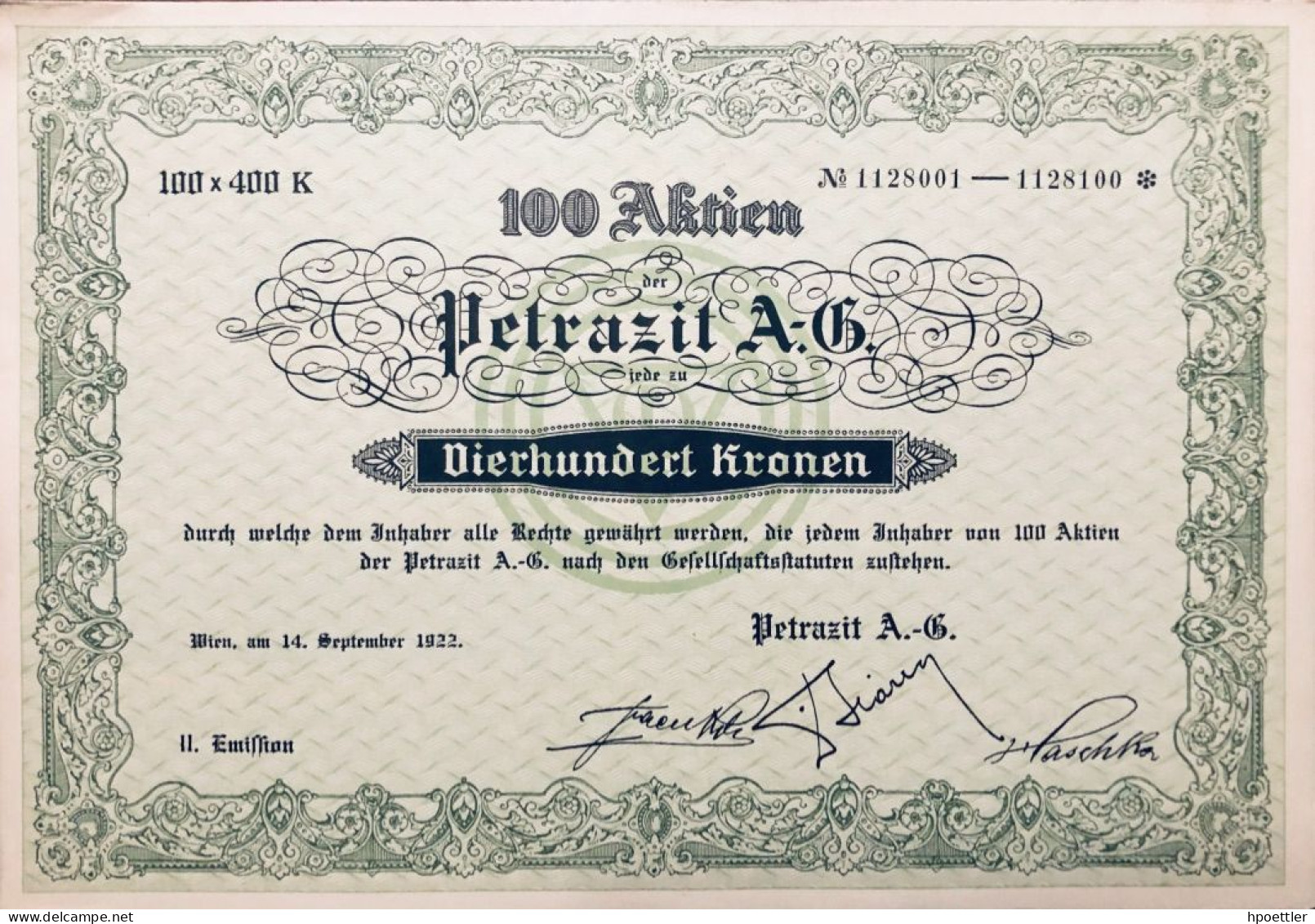 Vienne 1922: Cent Actions: Petrazit AG 40.000 Couronnes - Andere & Zonder Classificatie