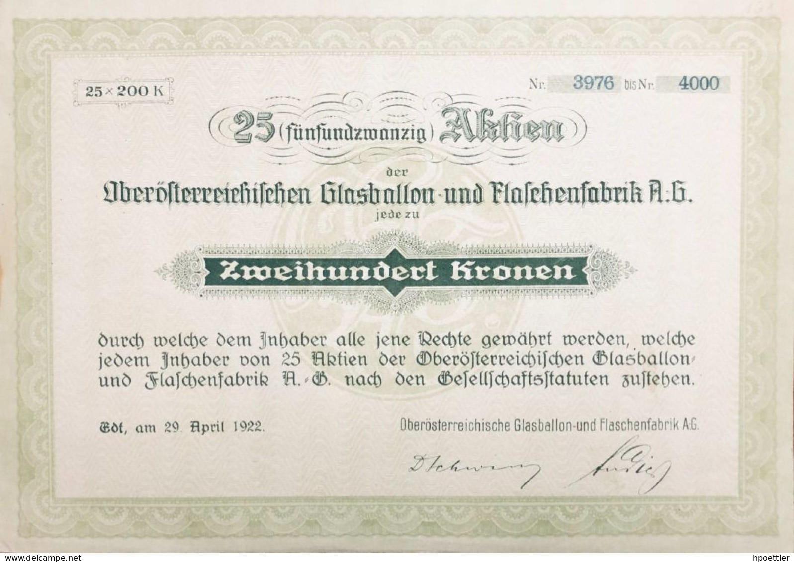 Autriche: Edt 1922: Vingt Cinq Actions: Oberösterreichische Glasballon Und Flaschenfabrik AG 5.000 Couronnes - Sonstige & Ohne Zuordnung