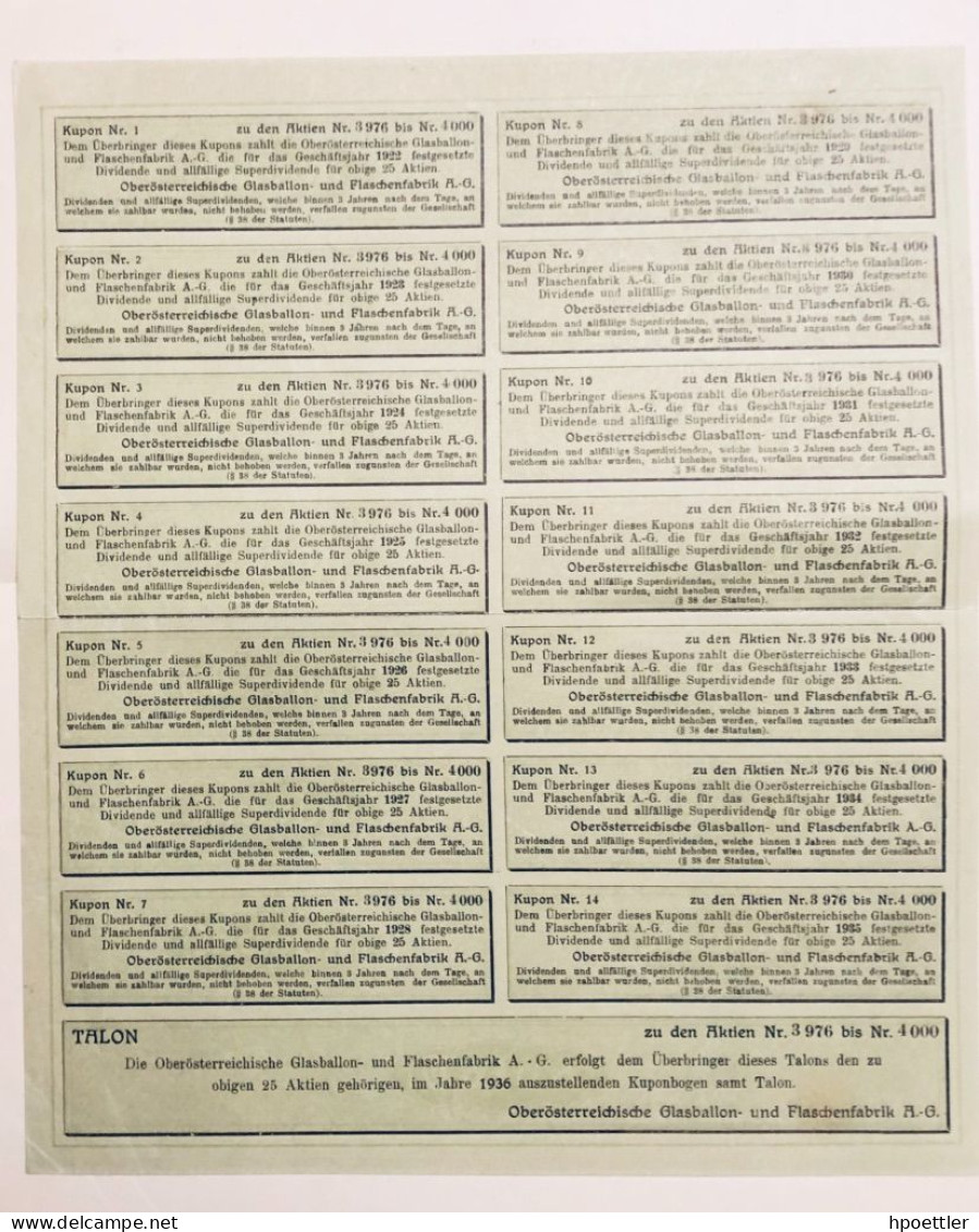 Autriche: Edt 1922: Vingt Cinq Actions: Oberösterreichische Glasballon Und Flaschenfabrik AG 5.000 Couronnes - Altri & Non Classificati