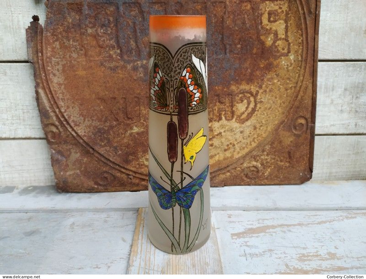 Vase Verre Art Nouveau Décor Papillons Signé Leg Legras - Vetro & Cristallo