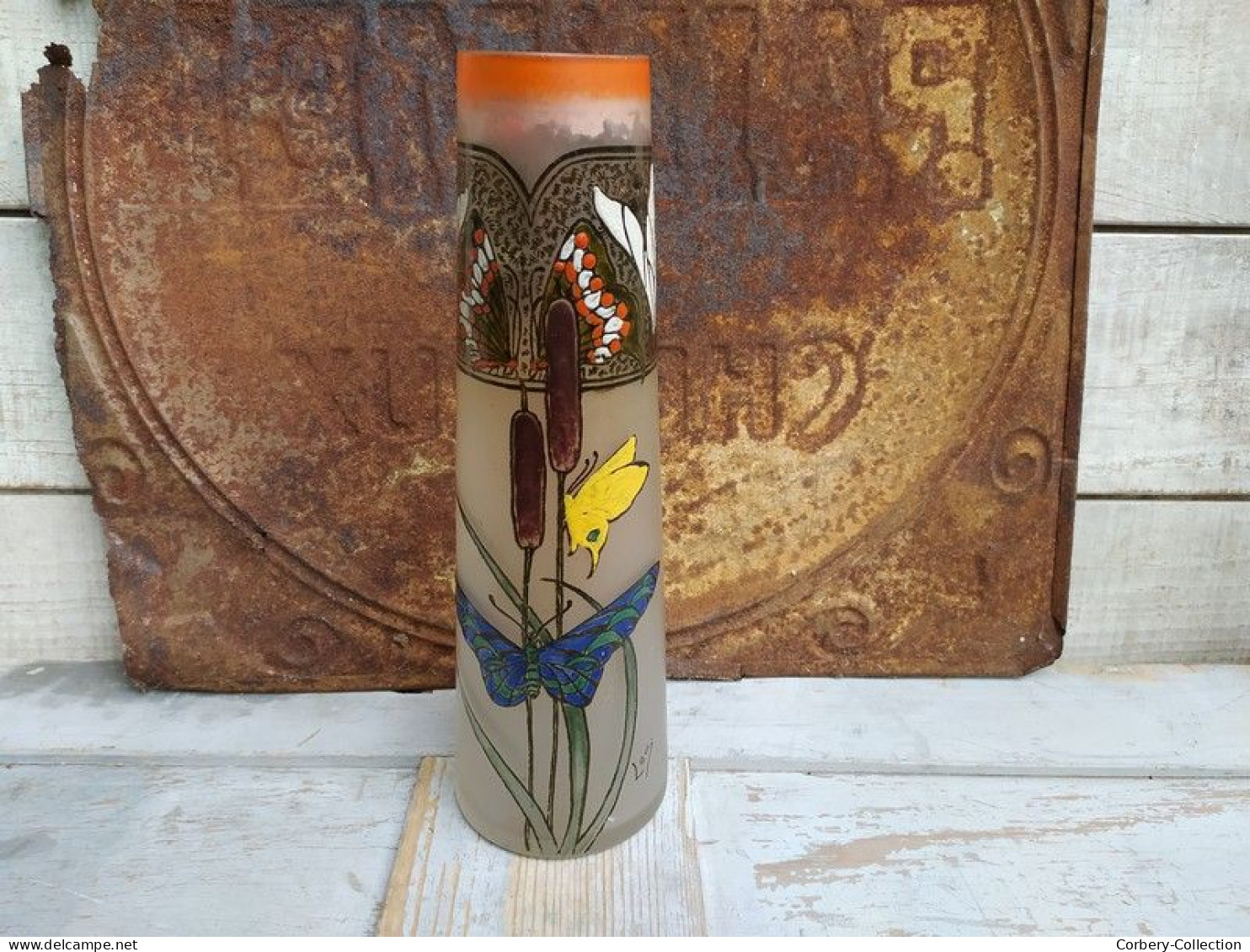 Vase Verre Art Nouveau Décor Papillons Signé Leg Legras