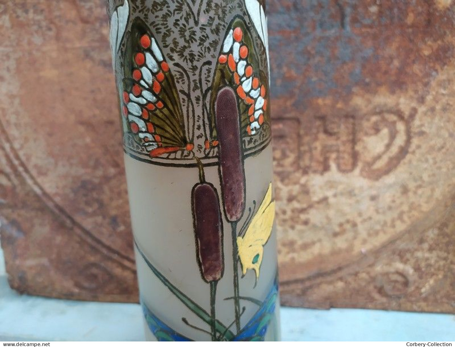 Vase Verre Art Nouveau Décor Papillons Signé Leg Legras