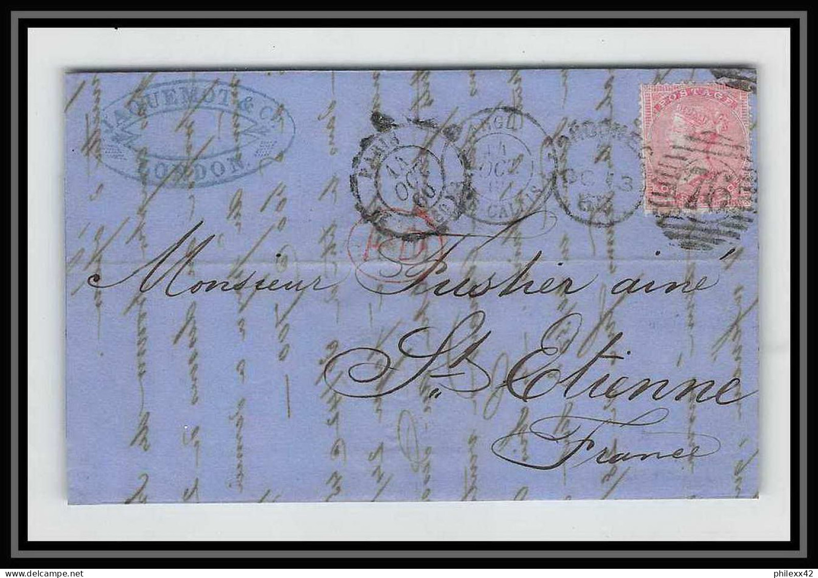 35320 N°16 Victoria 4p Rose London St Etienne France 1860 Cachet 76 Lettre Cover Grande Bretagne England - Cartas & Documentos