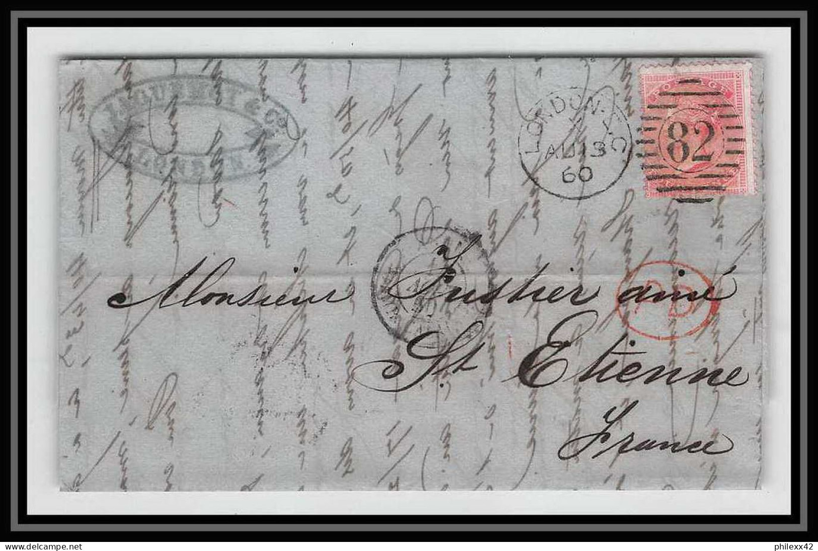 35324 N°16 Victoria 4p Rose London St Etienne France 1860 Cachet 82 Lettre Cover Grande Bretagne England - Lettres & Documents