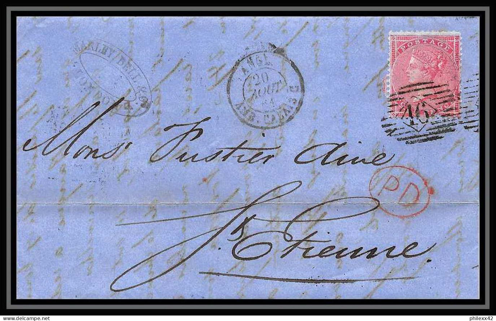 35316 N°16 Victoria 4p Rose London St Etienne France 1861 Cachet 46 Lettre Cover Grande Bretagne England - Storia Postale