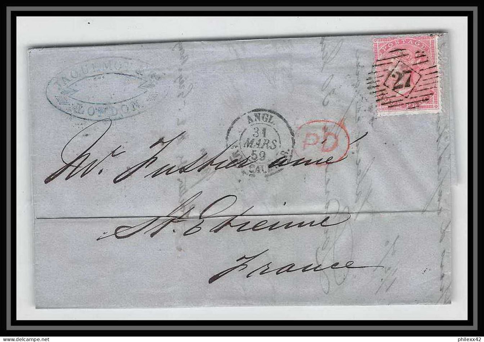 35310 N°16 Victoria 4p Rose London St Etienne France 1859 Cachet 27 Lettre Cover Grande Bretagne England - Cartas & Documentos