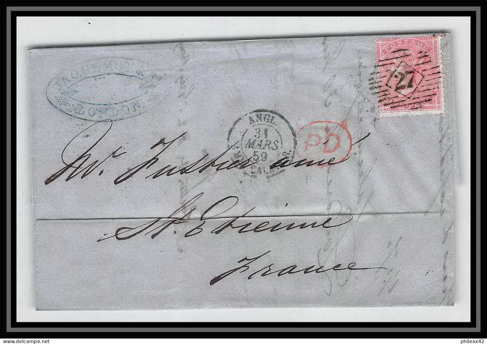 35310 N°16 Victoria 4p Rose London St Etienne France 1859 Cachet 27 Lettre Cover Grande Bretagne England - Covers & Documents