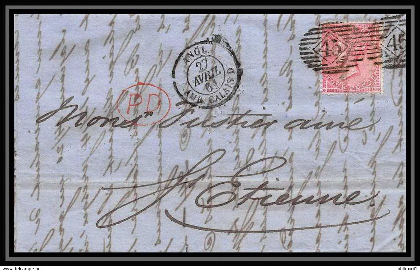 35313 N°16 Victoria 4p Rose London St Etienne France 1861 Cachet 45 Lettre Cover Grande Bretagne England - Storia Postale