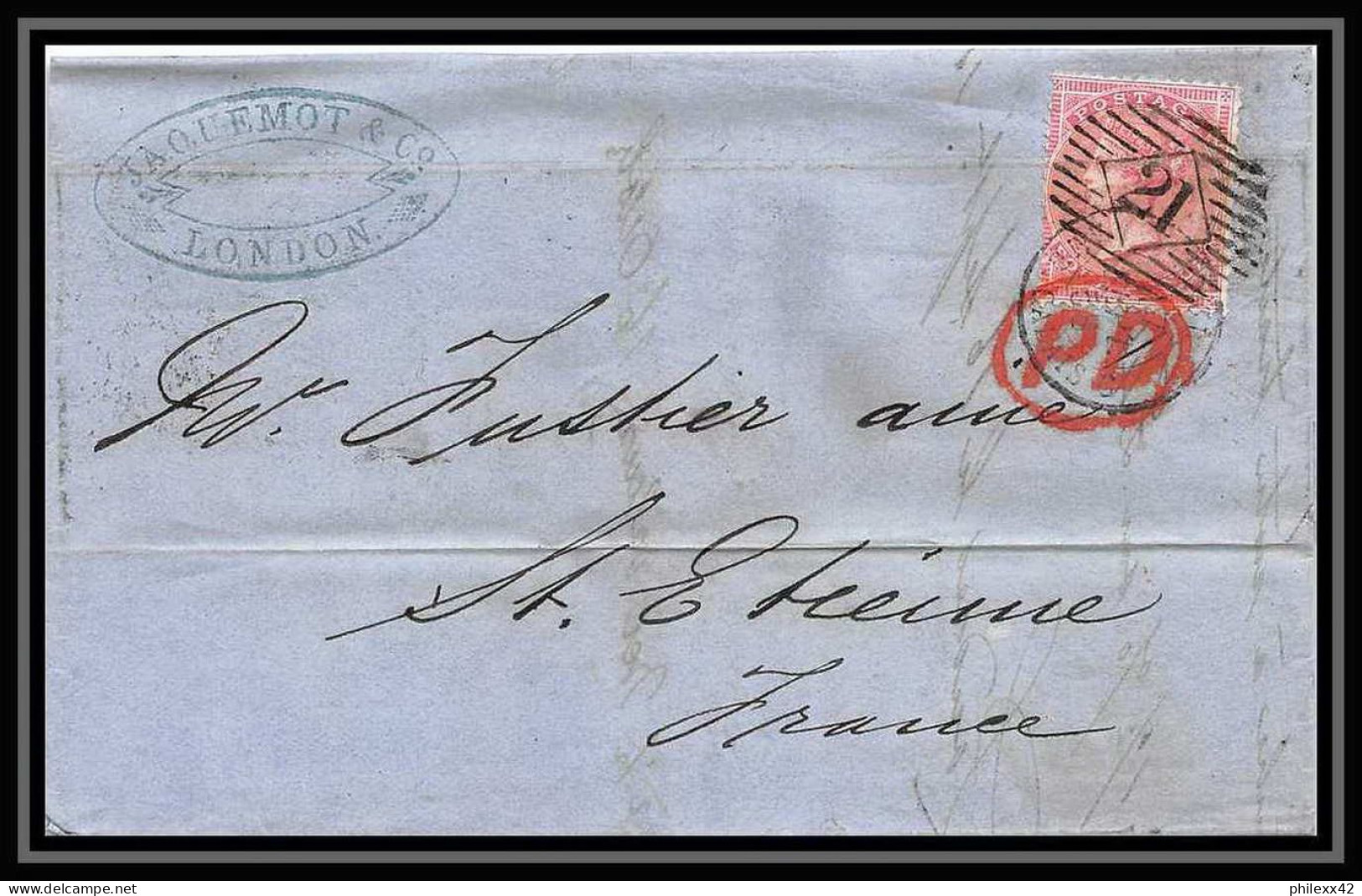 35305 N°16 Victoria 4p Rose London St Etienne France 1868 Cachet 21 Lettre Cover Grande Bretagne England - Storia Postale