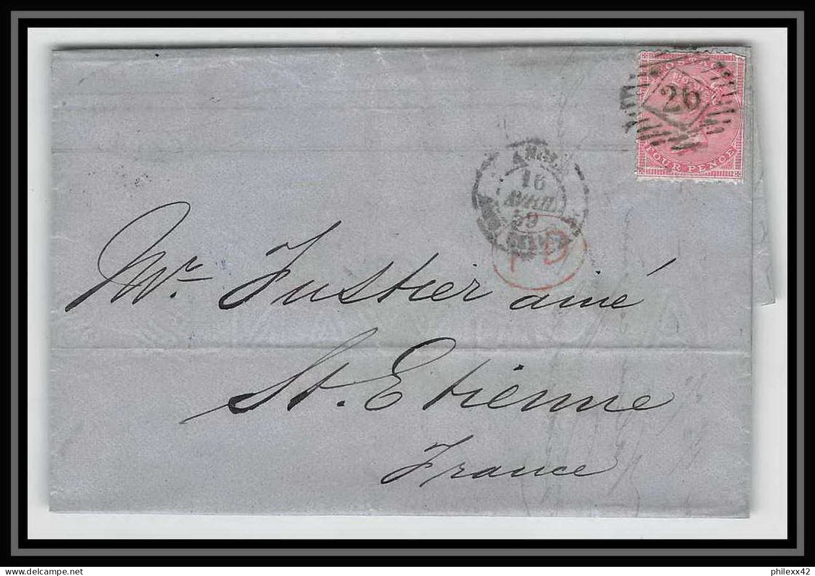 35308 N°16 Victoria 4p Rose London St Etienne France 1859 Cachet 26 Lettre Cover Grande Bretagne England - Storia Postale