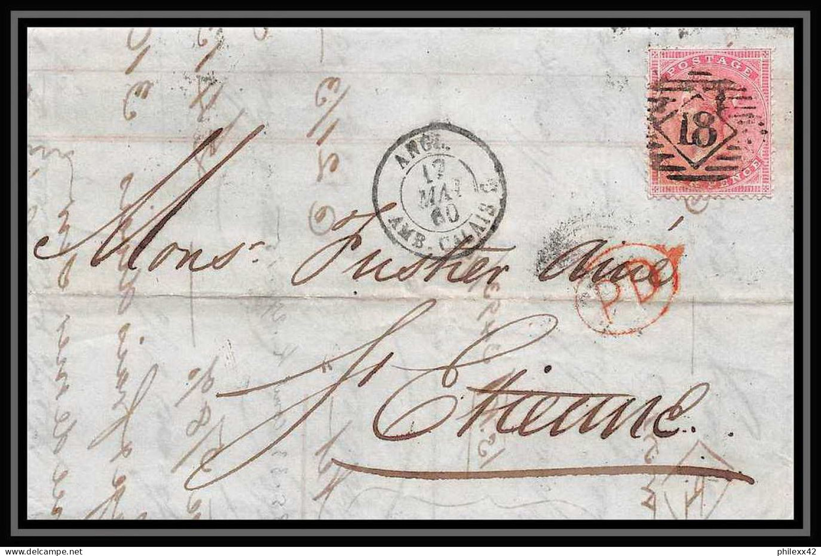35288 N°16 Victoria 4p Rose London St Etienne France 1860 Cachet 18 Lettre Cover Grande Bretagne England - Storia Postale