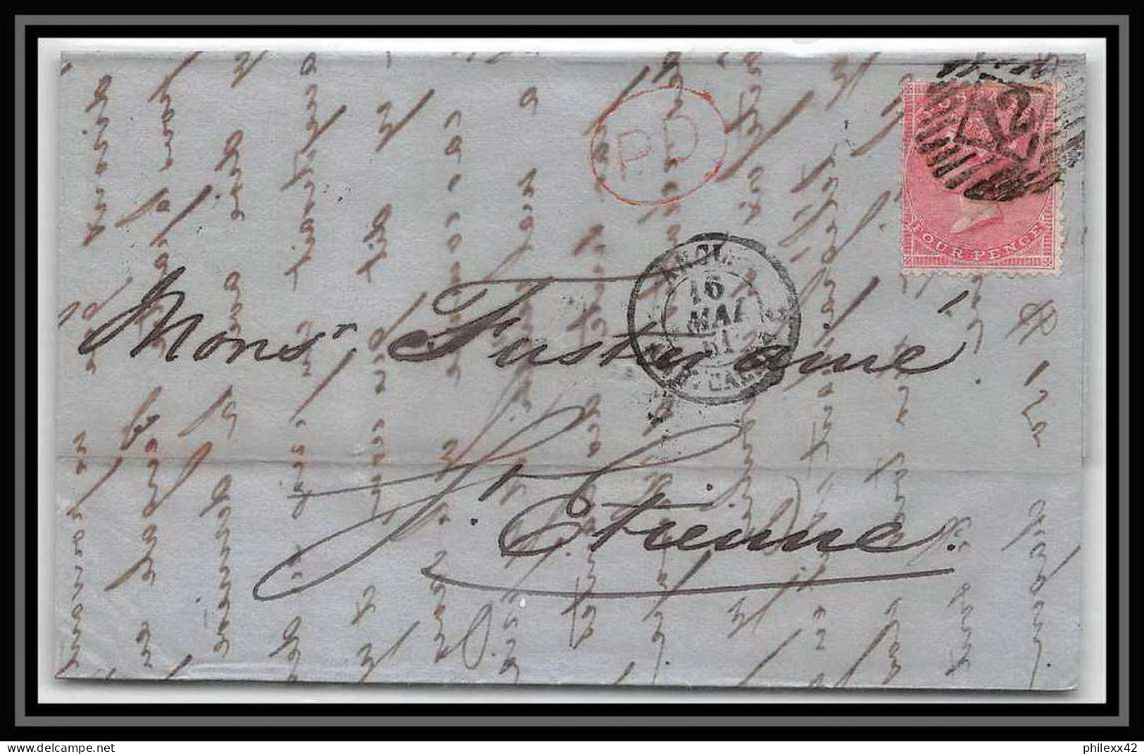 35279 N°16 Victoria 4p Rose London St Etienne France 1861 Cachet 12 Lettre Cover Grande Bretagne England - Storia Postale