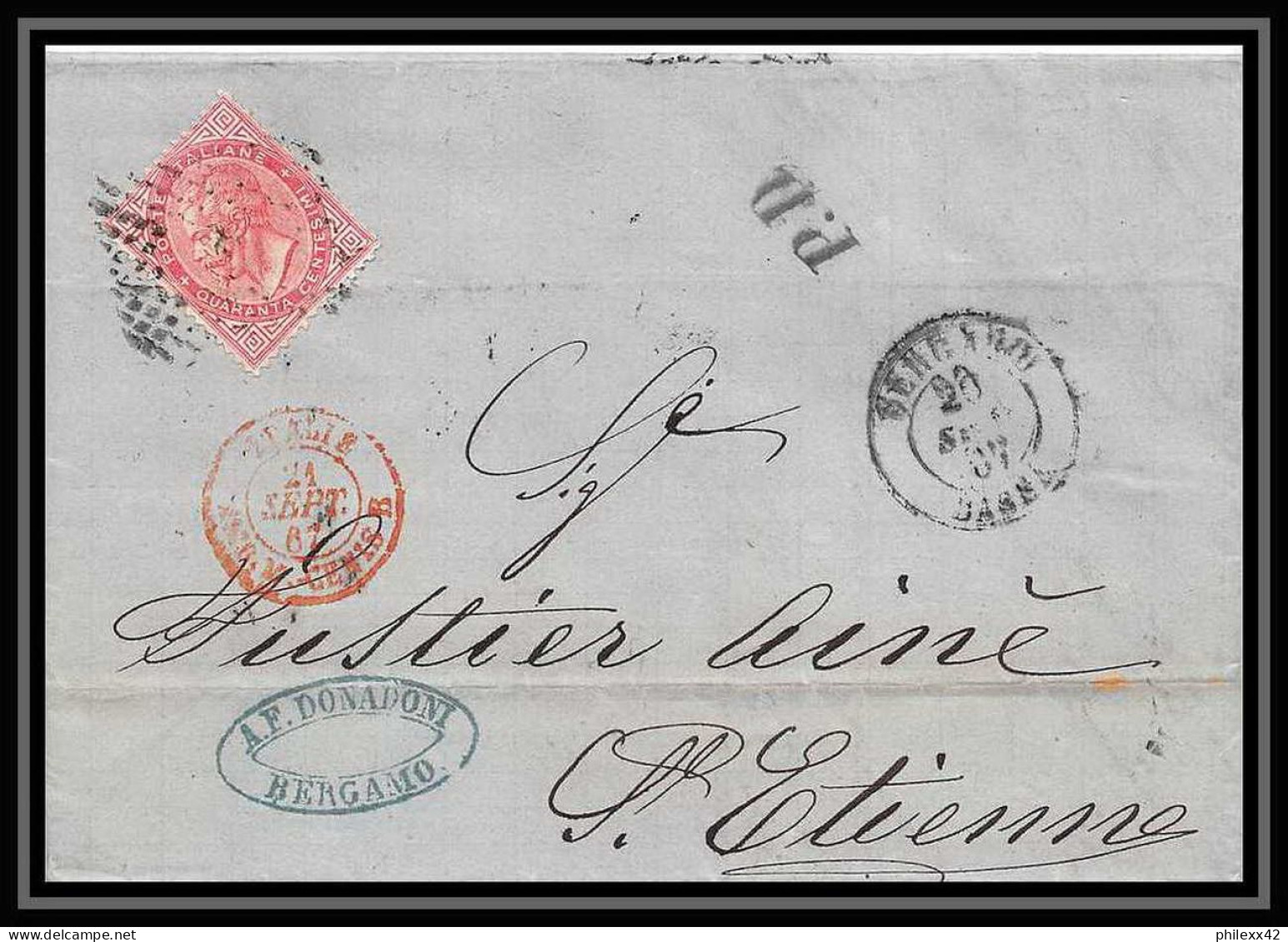 35246 N°19 40c Rose Bergamo St Etienne France Lettre Cover Italie Italia Italy Lettre Cover Vittorio Emanuele 2 - Marcofilía