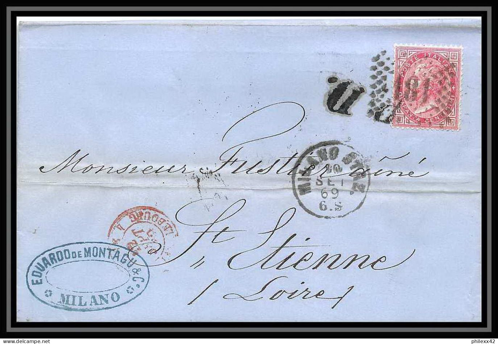 35233 N°19 40c Rose Milano Staz St Etienne France Lettre Cover Italie Italia Italy Lettre Cover Vittorio Emanuele 2 - Marcofilía