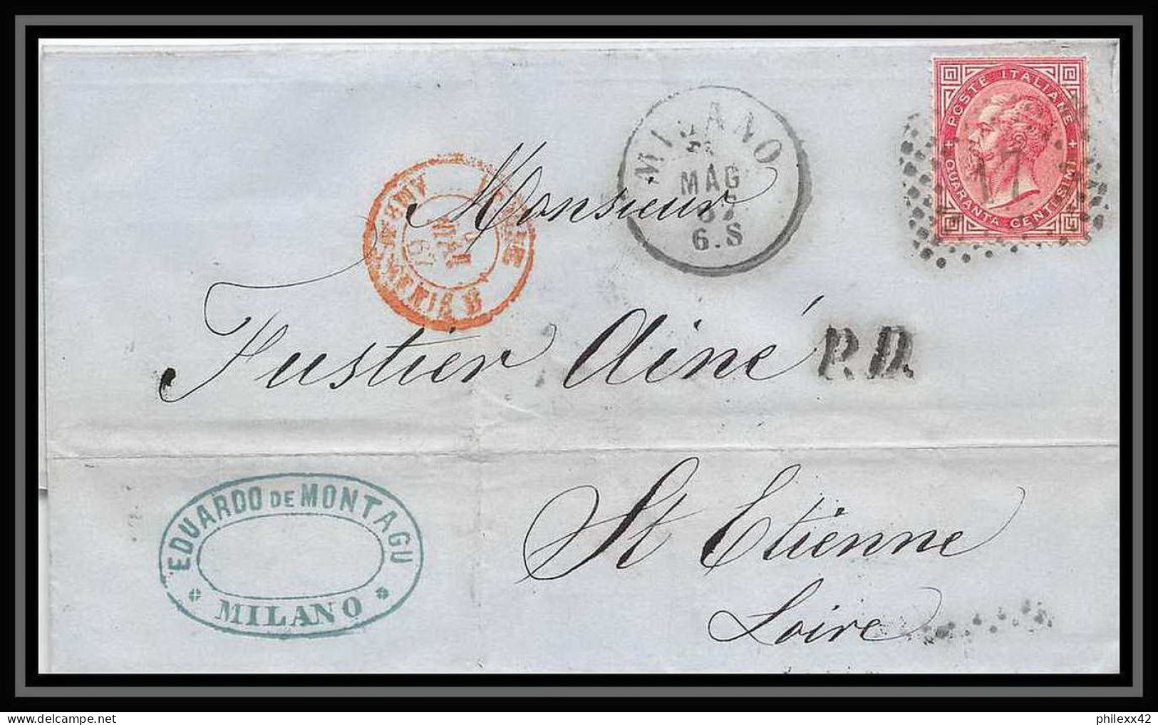 35164 N°19 40c Rose Milano St Etienne France Lettre Cover Italie Italia Italy Lettre Cover Vittorio Emanuele 2 - Marcophilie