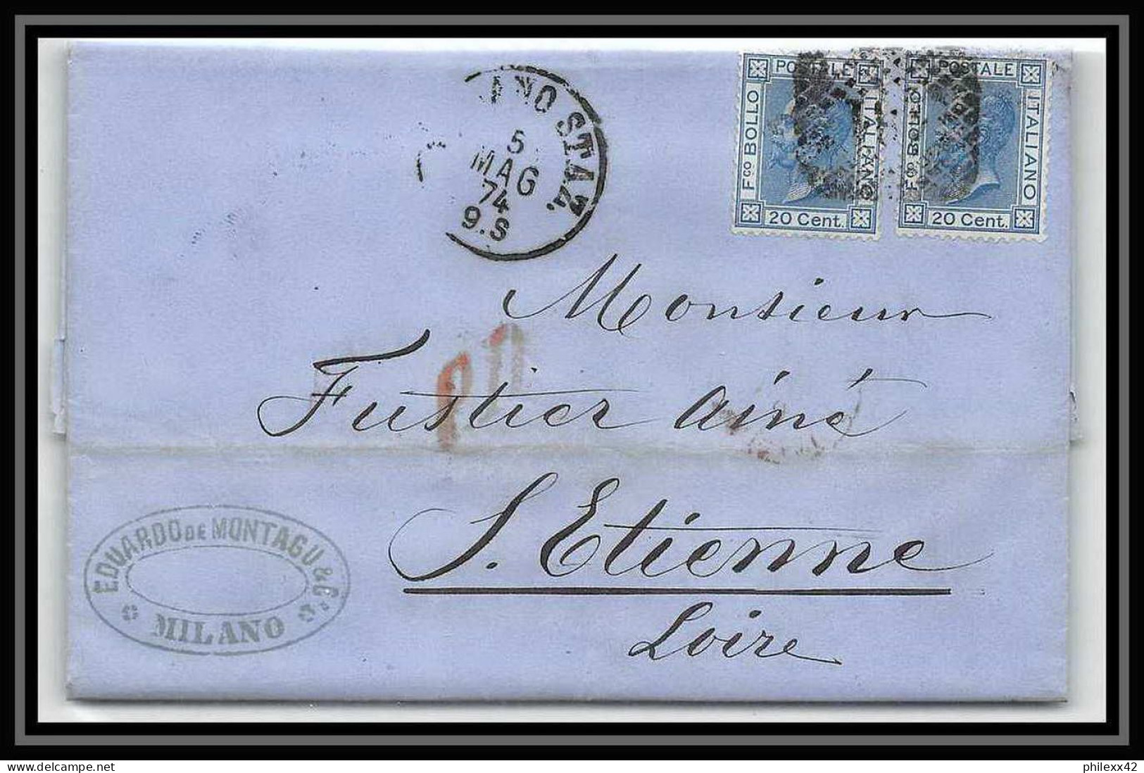 35097 N°23 20C Bleu Milano Staz St Etienne France Lettre Cover Italie Italia Italy Lettre Cover Vittorio Emanuele 2 - Marcophilie