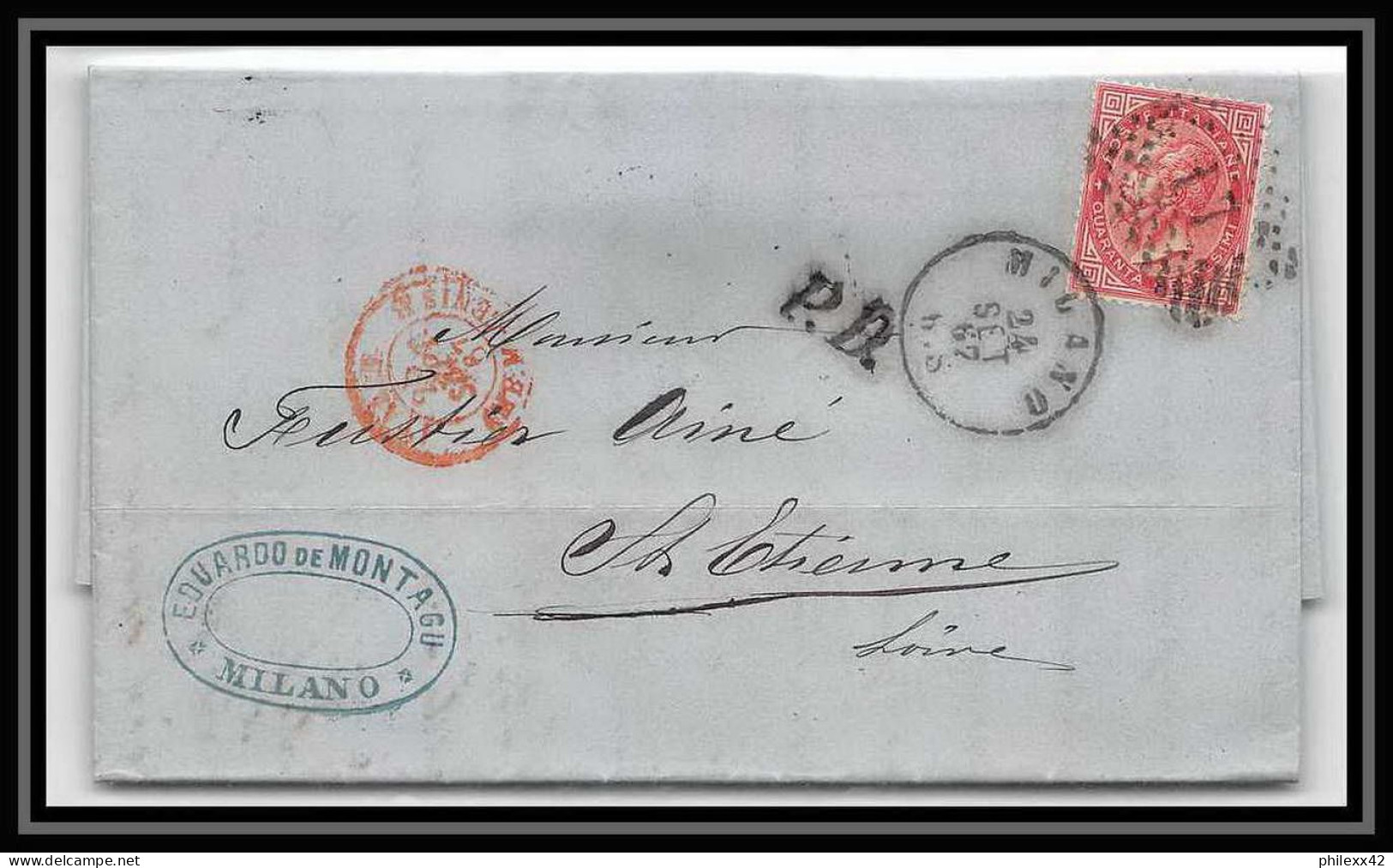 35161 N°19 40c Rose Milano St Etienne France Lettre Cover Italie Italia Italy Lettre Cover Vittorio Emanuele 2 - Marcophilie