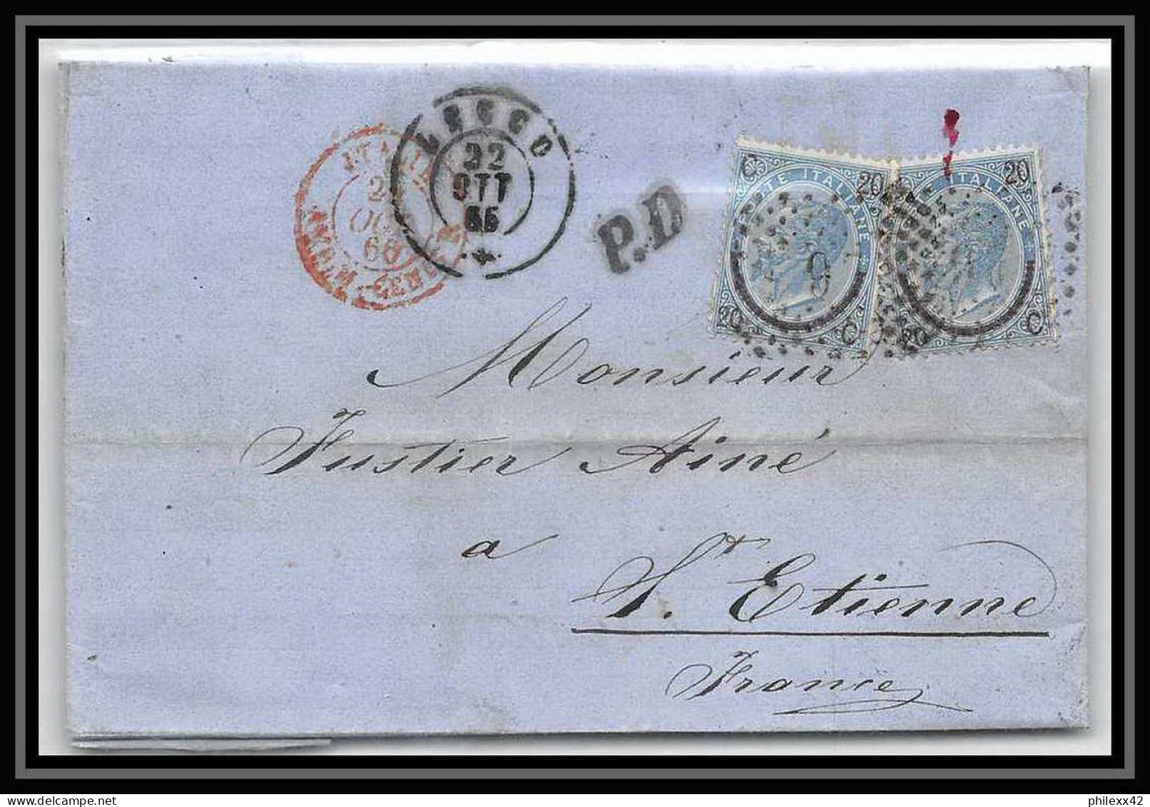 35132 N°22 20C Bleu Lecco St Etienne France Lettre Cover Italie Italia Italy Lettre Cover Vittorio Emanuele 2 - Marcophilie