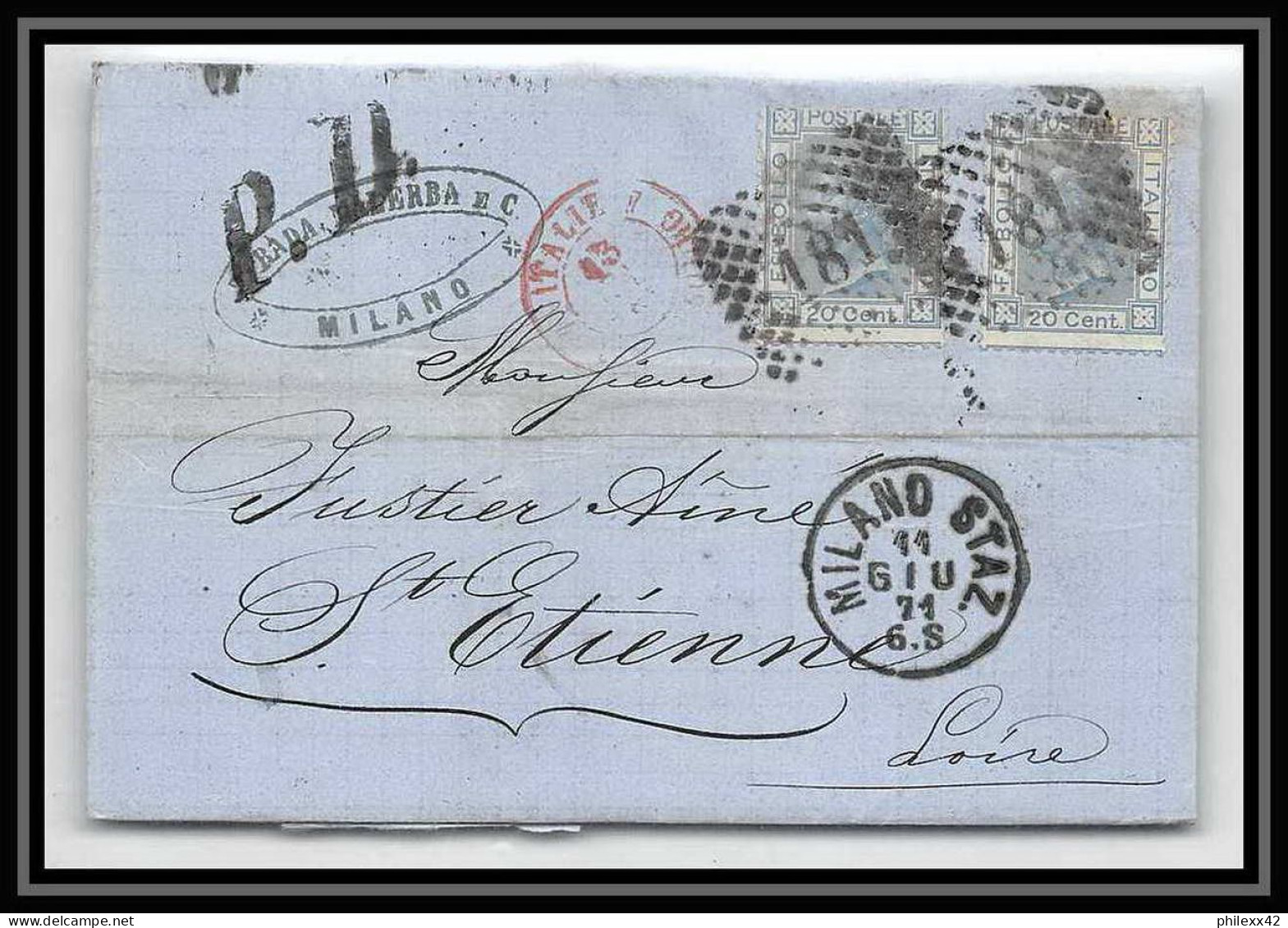 35092 N°23 20C Bleu Milano Staz St Etienne France Lettre Cover Italie Italia Italy Lettre Cover Vittorio Emanuele 2 - Marcophilie