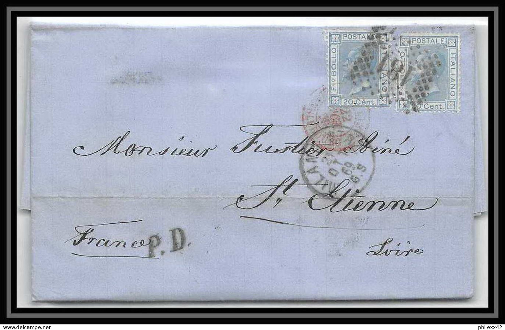 35094 N°23 20C Bleu Milano Staz St Etienne France Lettre Cover Italie Italia Italy Lettre Cover Vittorio Emanuele 2 - Marcophilie