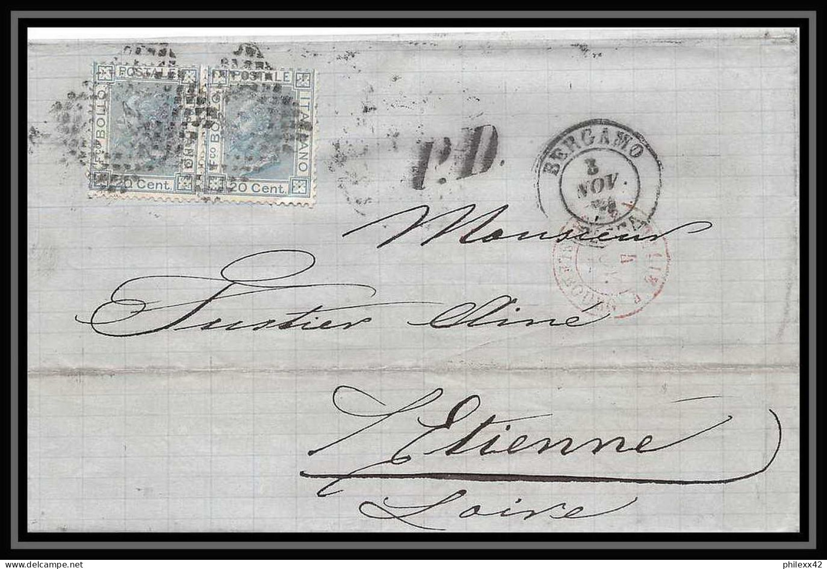 35081 N°23 20C Bleu Milano Staz St Etienne France Lettre Cover Italie Italia Italy Lettre Cover Vittorio Emanuele 2 - Marcophilie