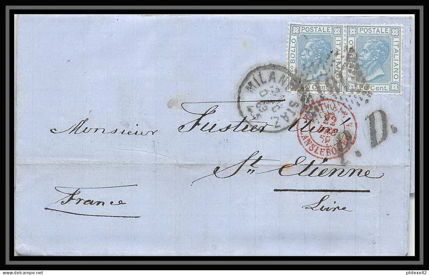 35084 N°23 20C Bleu Milano Staz St Etienne France Lettre Cover Italie Italia Italy Lettre Cover Vittorio Emanuele 2 - Marcophilie