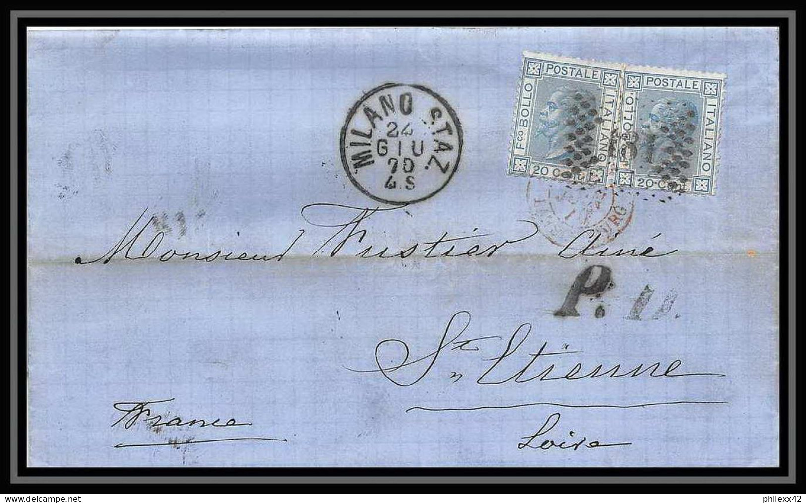 35073 N°23 20C Bleu Milano Staz St Etienne France Lettre Cover Italie Italia Italy Lettre Cover Vittorio Emanuele 2 - Marcofilie