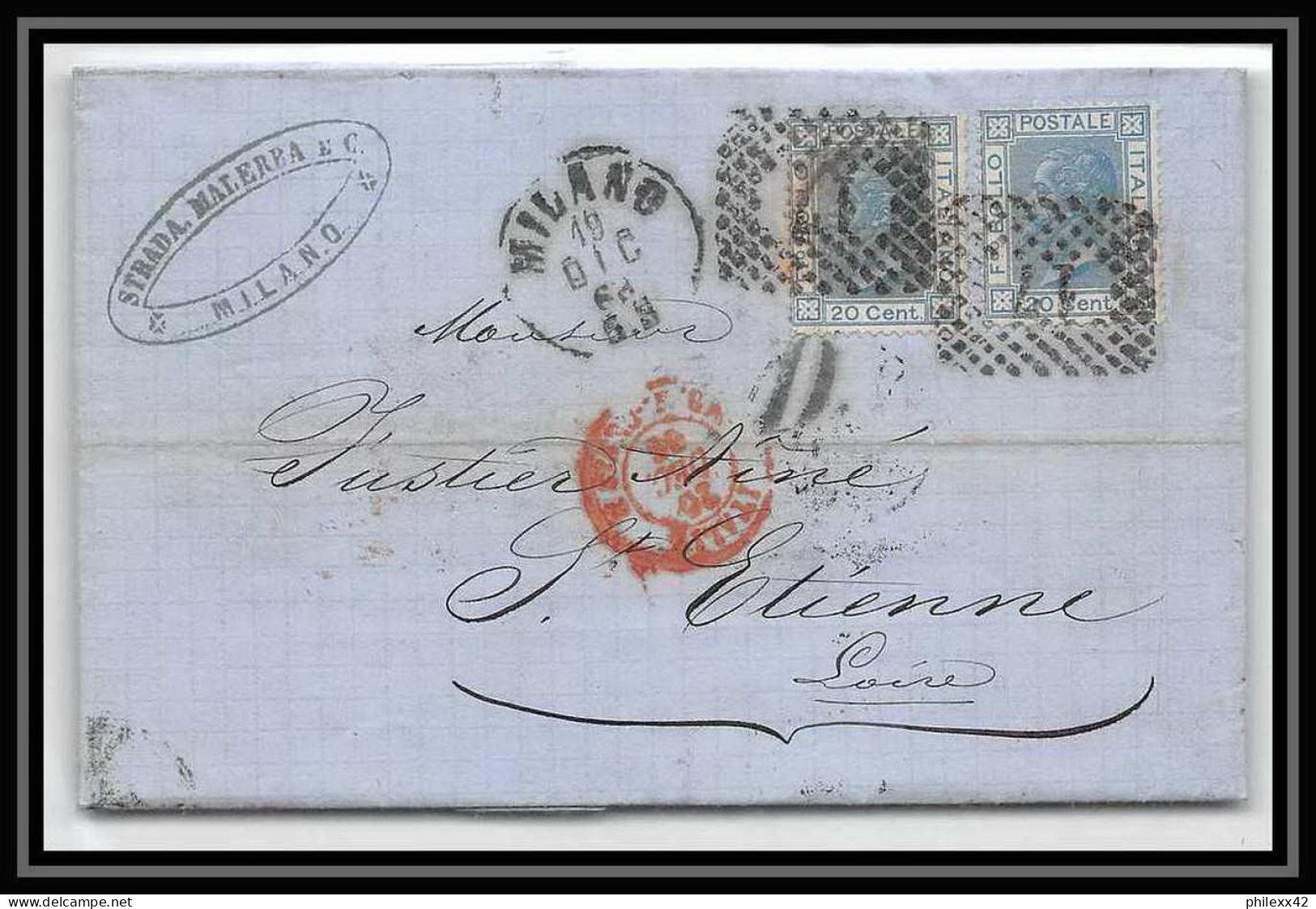 35067 N°23 20C Bleu Milano St Etienne France Lettre Cover Italie Italia Italy Lettre Cover Vittorio Emanuele 2 - Marcophilia