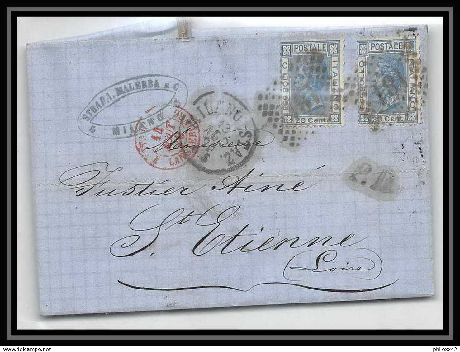 35069 N°23 20C Bleu Milano Staz St Etienne France Lettre Cover Italie Italia Italy Lettre Cover Vittorio Emanuele 2 - Storia Postale