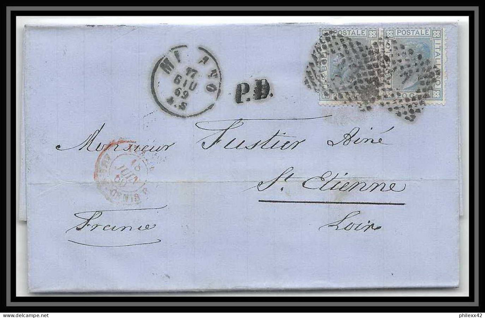 35063 N°23 20C Bleu Milano St Etienne France Lettre Cover Italie Italia Italy Lettre Cover Vittorio Emanuele 2 - Marcophilia