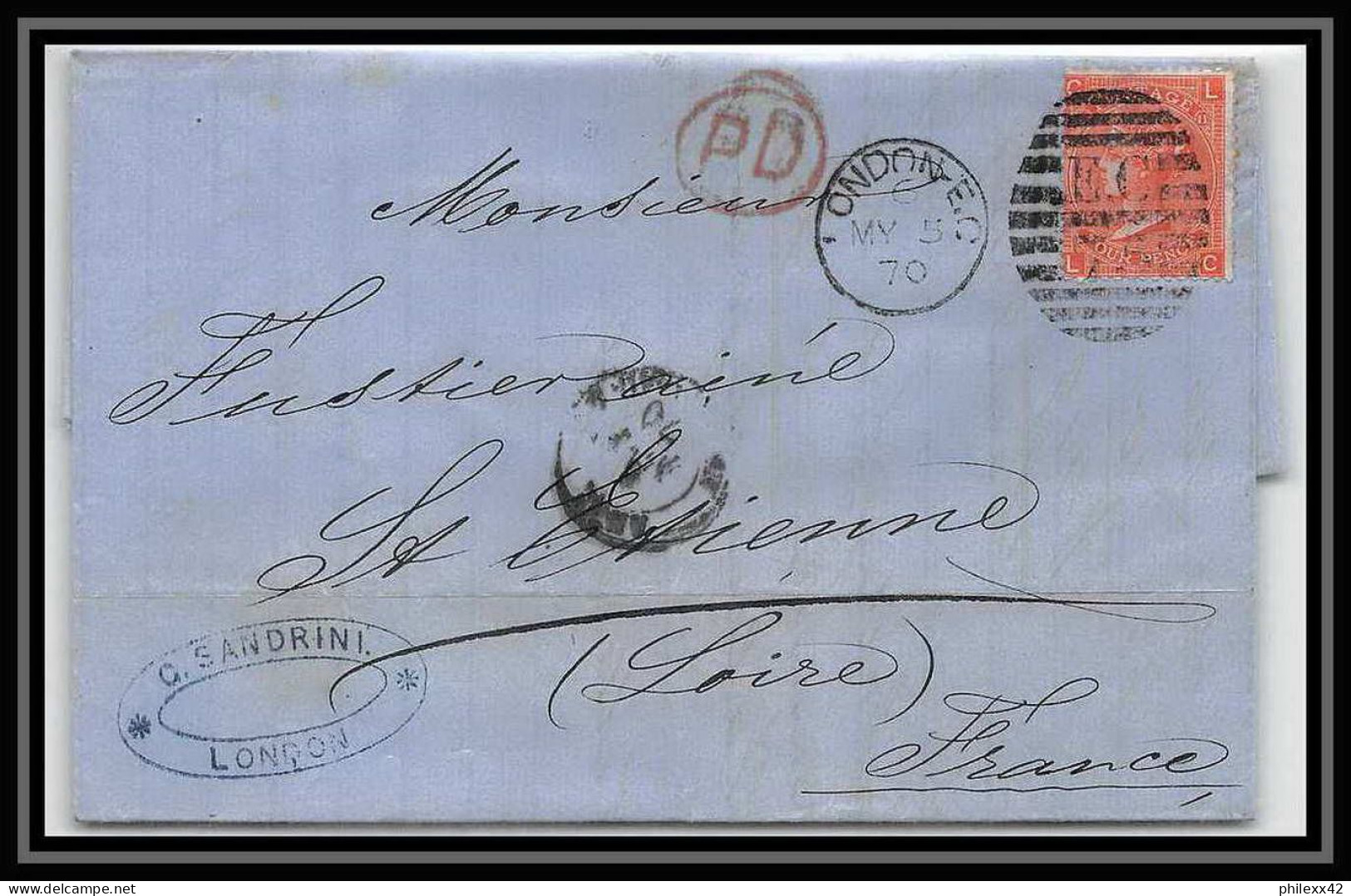 35874 N°32 Victoria 4p Red London St Etienne France 1870 Cachet EC73 Lettre Cover Grande Bretagne England - Briefe U. Dokumente