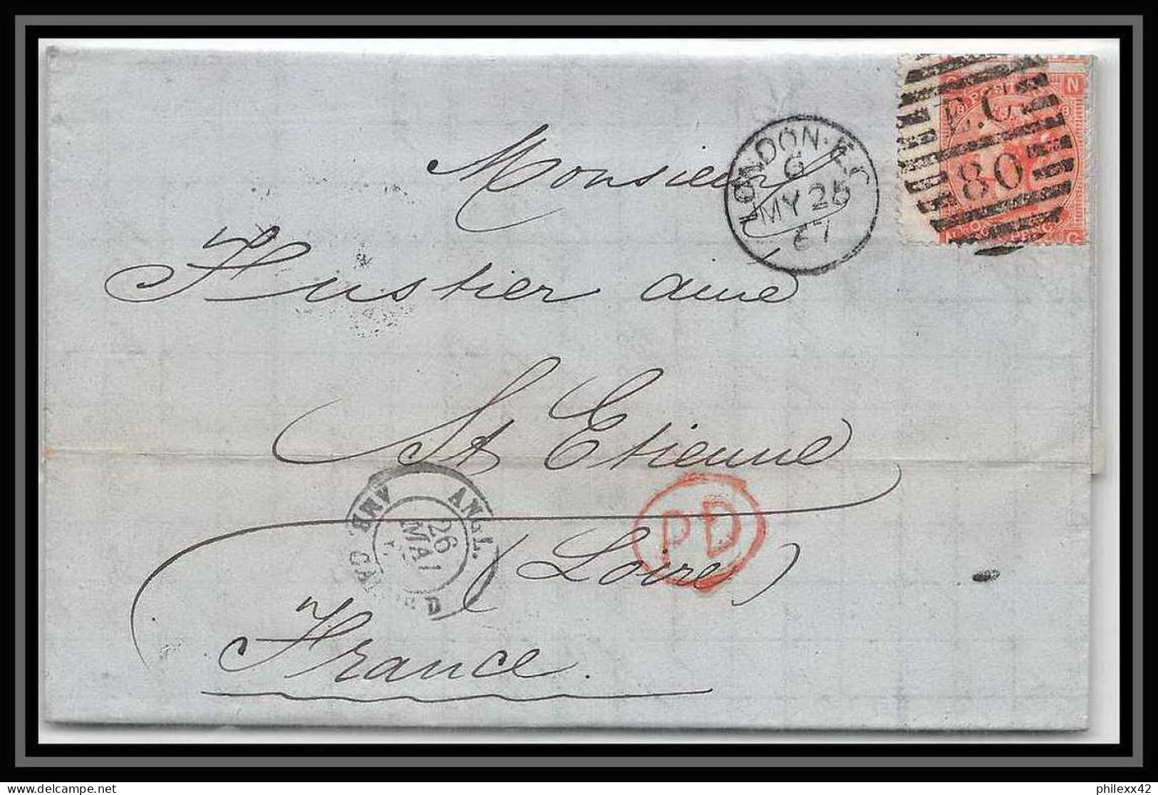 35885 N°32 Victoria 4p Red London St Etienne France 1867 Cachet EC80 Lettre Cover Grande Bretagne England - Storia Postale
