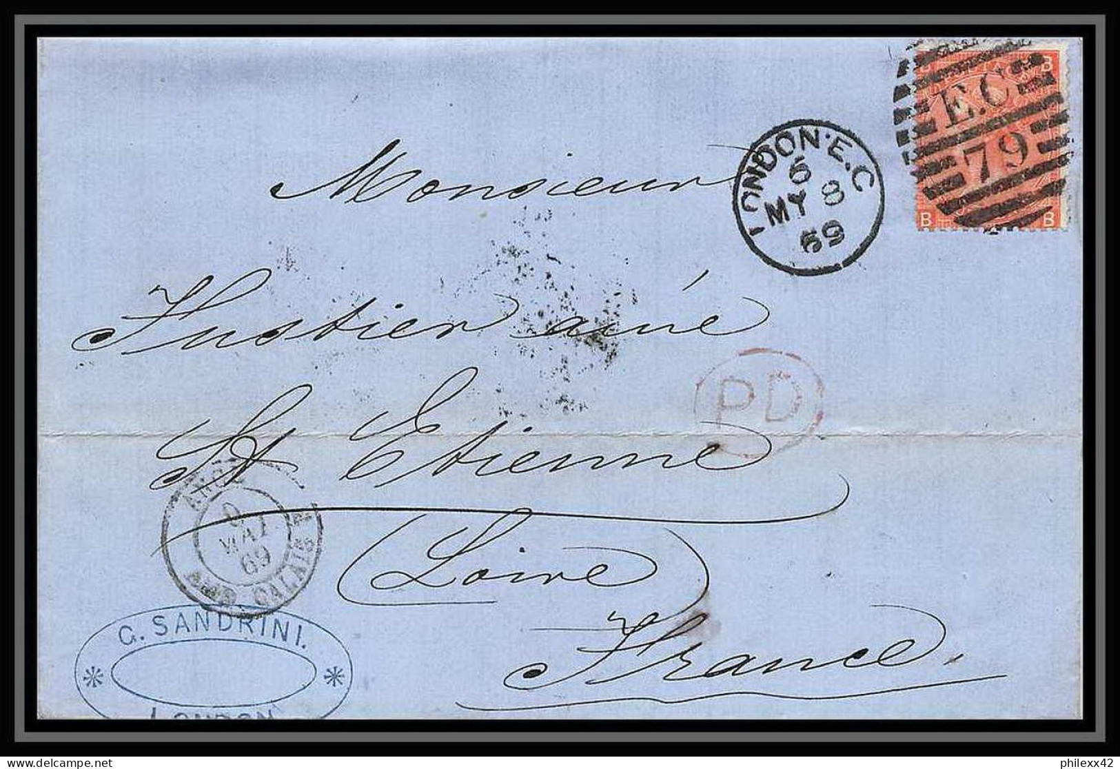 35883 N°32 Victoria 4p Red London St Etienne France 1869 Cachet EC79 Lettre Cover Grande Bretagne England - Storia Postale