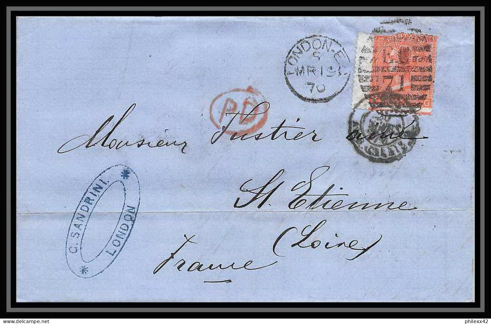 35869 N°32 Victoria 4p Red London St Etienne France 1870 Cachet EC72 Lettre Cover Grande Bretagne England - Storia Postale