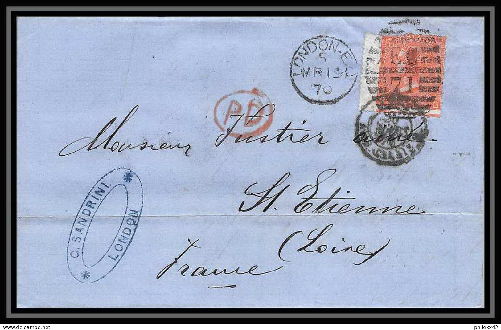 35869 N°32 Victoria 4p Red London St Etienne France 1870 Cachet EC72 Lettre Cover Grande Bretagne England - Briefe U. Dokumente