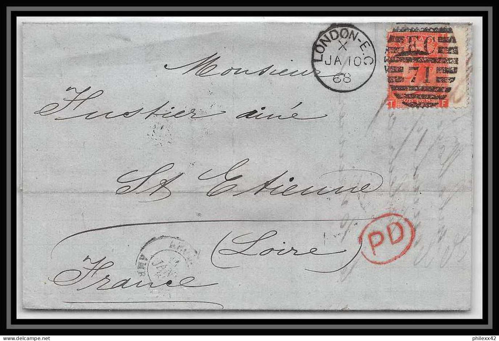 35870 N°32 Victoria 4p Red London St Etienne France 1868 Cachet EC72 Lettre Cover Grande Bretagne England - Lettres & Documents