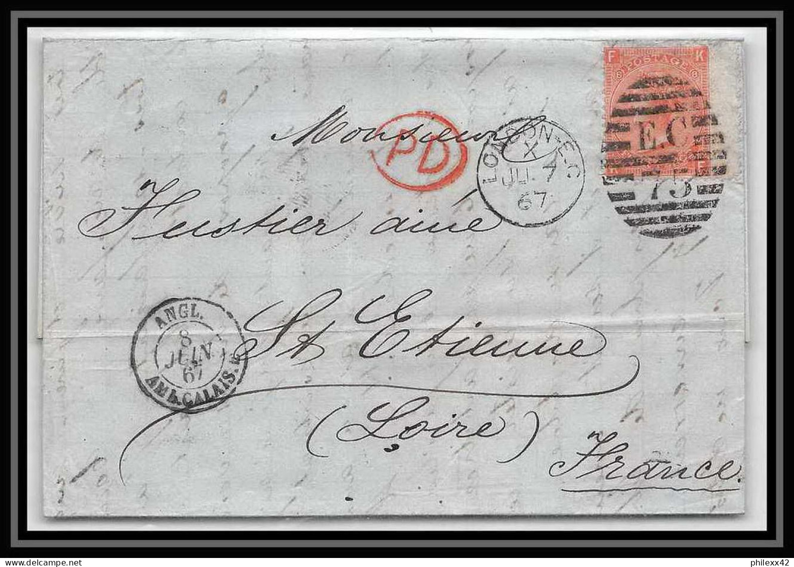 35872 N°32 Victoria 4p Red London St Etienne France 1867 Cachet EC73 Lettre Cover Grande Bretagne England - Brieven En Documenten