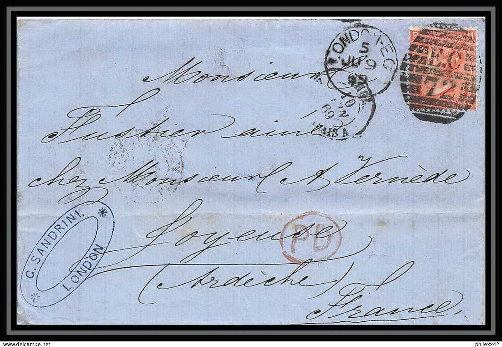 35868 N°32 Victoria 4p Red London St Etienne France 1869 Cachet EC72 Lettre Cover Grande Bretagne England - Briefe U. Dokumente