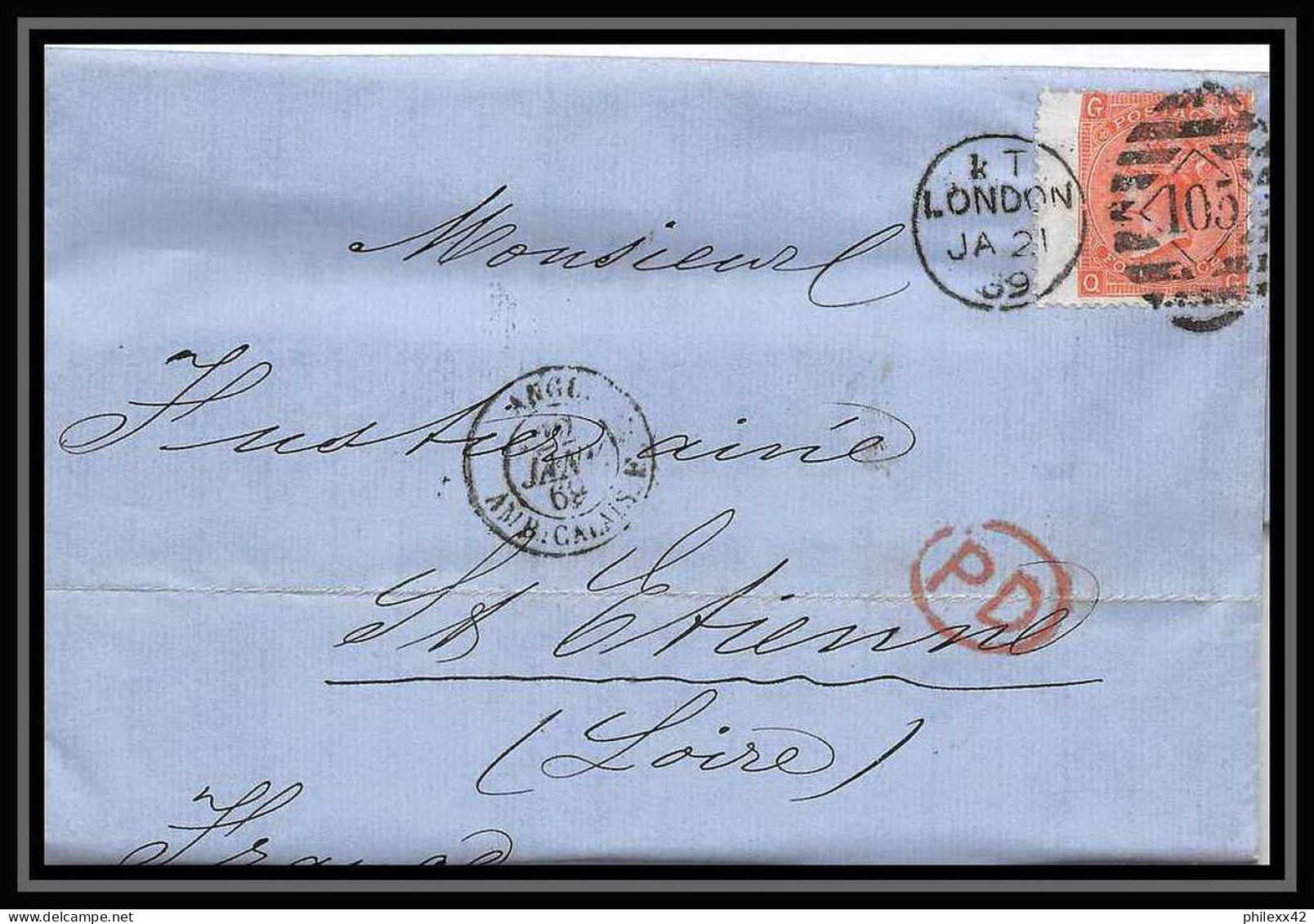 35858 N°32 Victoria 4p Red London St Etienne France 1869 Cachet 105 Lettre Cover Grande Bretagne England - Lettres & Documents
