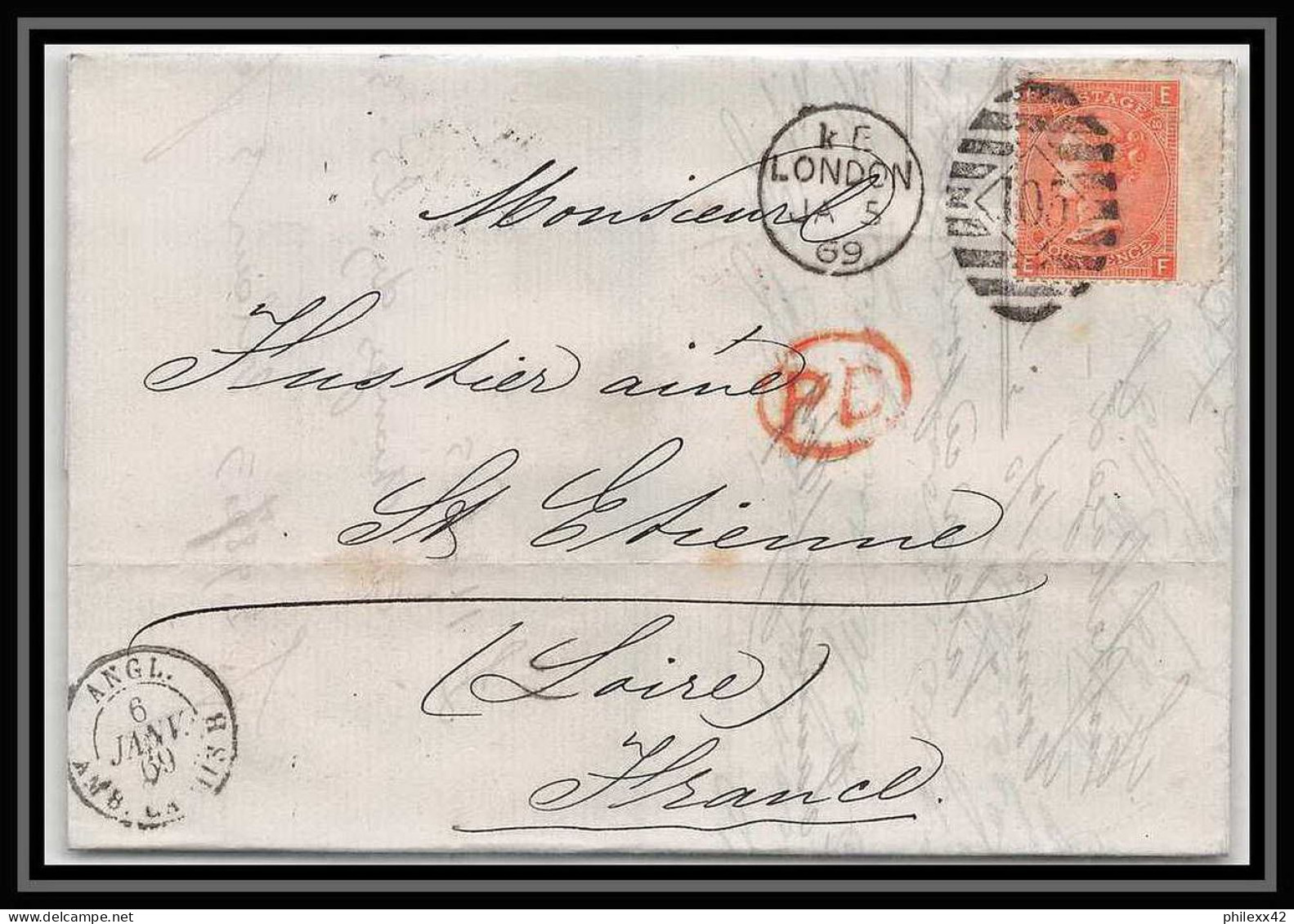 35855 N°32 Victoria 4p Red London St Etienne France 1869 Cachet 105 Lettre Cover Grande Bretagne England - Covers & Documents