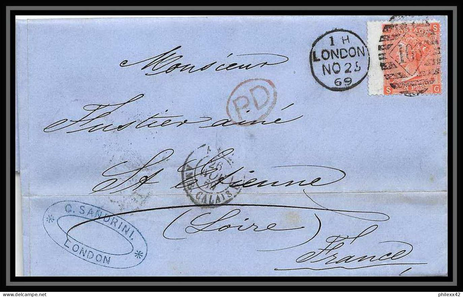 35865 N°32 Victoria 4p Red London St Etienne France 1869 Cachet 106 Lettre Cover Grande Bretagne England - Briefe U. Dokumente