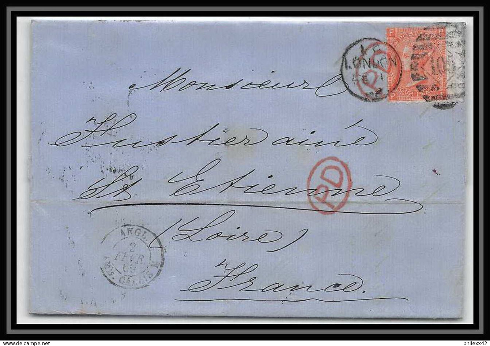 35857 N°32 Victoria 4p Red London St Etienne France 1869 Cachet 105 Lettre Cover Grande Bretagne England - Briefe U. Dokumente