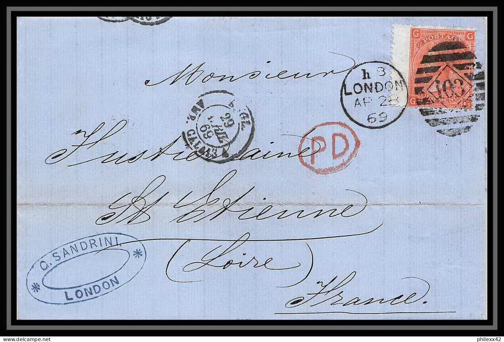 35848 N°32 Victoria 4p Red London St Etienne France 1869 Cachet 103 Lettre Cover Grande Bretagne England - Covers & Documents