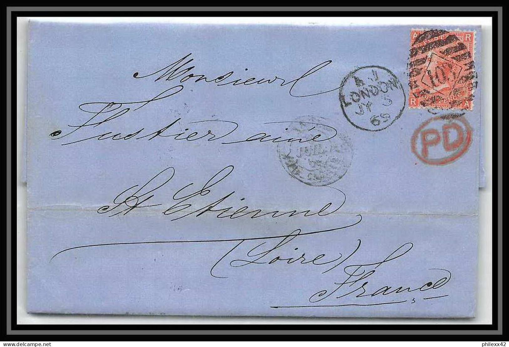 35847 N°32 Victoria 4p Red London St Etienne France 1869 Cachet 103 Lettre Cover Grande Bretagne England - Briefe U. Dokumente